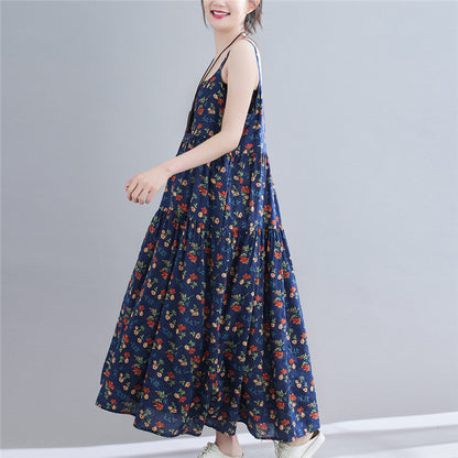 Floral Print Loose Cotton Hemp Show Slim Skirt Women''s Wear