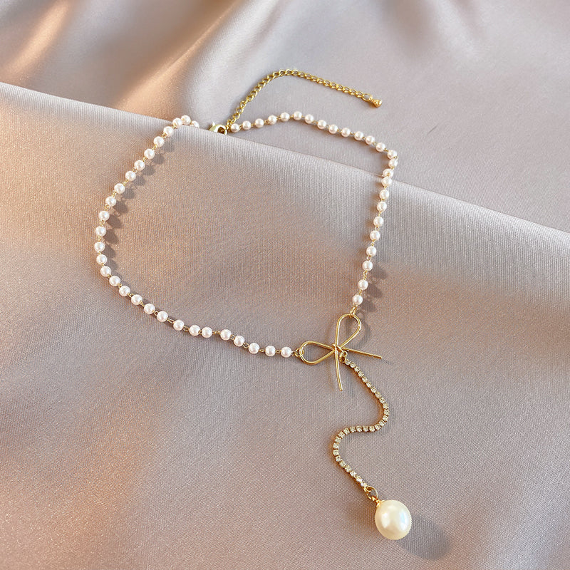 Fashion Clavicle Chain Long Small Drop Pearl Necklace Women''s Summer