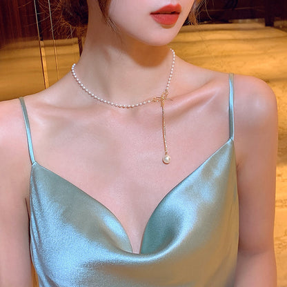 Fashion Clavicle Chain Long Small Drop Pearl Necklace Women''s Summer