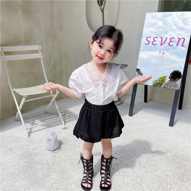 Girls Summer V-neck Back Lace Hollow Lace Puff Sleeve Short Sleeve Baby Shirt  Pumpkin Shorts Two-piece Set