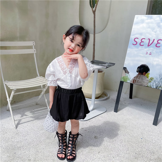 Girls Summer V-neck Back Lace Hollow Lace Puff Sleeve Short Sleeve Baby Shirt  Pumpkin Shorts Two-piece Set