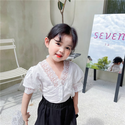 Girls Summer V-neck Back Lace Hollow Lace Puff Sleeve Short Sleeve Baby Shirt  Pumpkin Shorts Two-piece Set