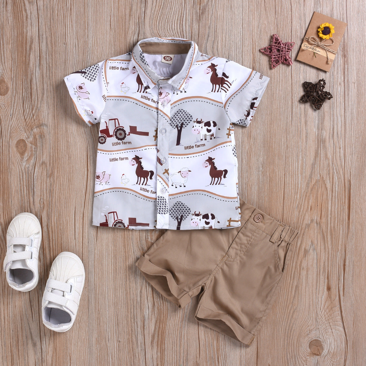 Summer boys and girls suit cartoon printed shirt solid color shorts suit