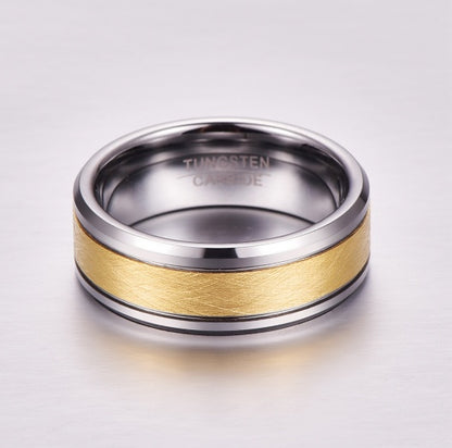Men's 8mm Gold Color Brushed Center Two Grooves Tungsten Carbide Wedding Band Rings Beveled Edge