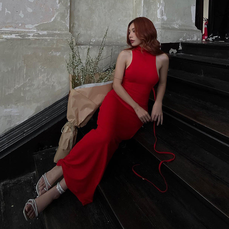 Hollow Out Sleeveless Hanging Neck Dress At Back