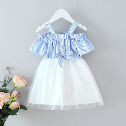 Striped Bow Net Yarn Suspender Skirt Baby Princess Dress Fluffy Yarn