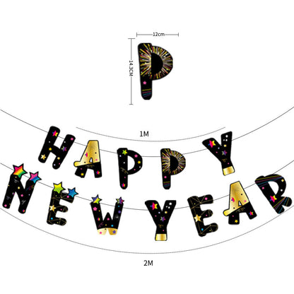Happy New Year Hanging Flag Colorful Flag Black Gold Letter Pendant