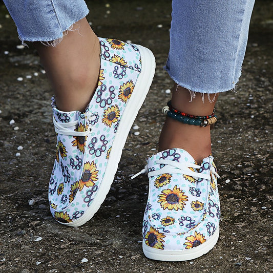 Loafers Women Sunflower Print Flats Casual Canvas Shoes Non-lace Lazy Shoes - FLIPSTYLEZLLC