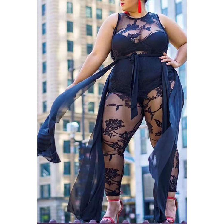 Plus Size Women's Sexy Flocking Jumpsuit Temperament Commuter