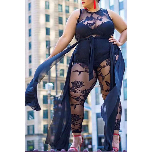 Plus Size Women's Sexy Flocking Jumpsuit Temperament Commuter