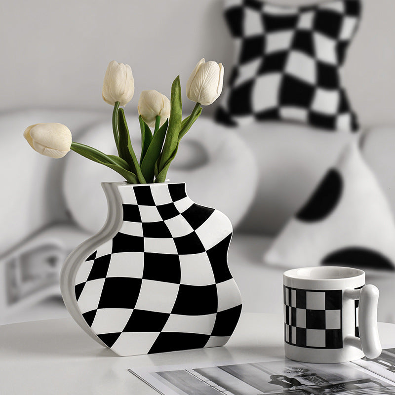 Ins Simple Chessboard Grid Ceramic Vase Living Room Bedroom Hydroponic Flower Vase Home Decoration Ornaments