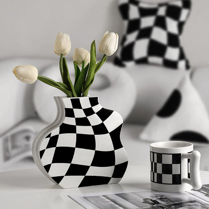Ins Simple Chessboard Grid Ceramic Vase Living Room Bedroom Hydroponic Flower Vase Home Decoration Ornaments