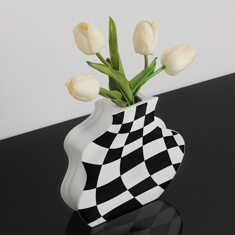 Ins Simple Chessboard Grid Ceramic Vase Living Room Bedroom Hydroponic Flower Vase Home Decoration Ornaments
