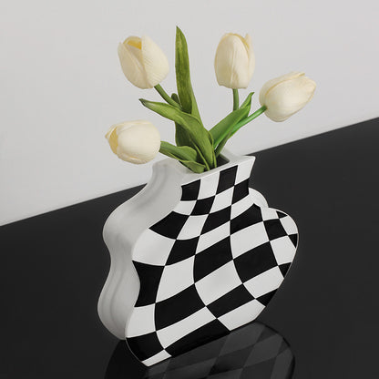 Ins Simple Chessboard Grid Ceramic Vase Living Room Bedroom Hydroponic Flower Vase Home Decoration Ornaments