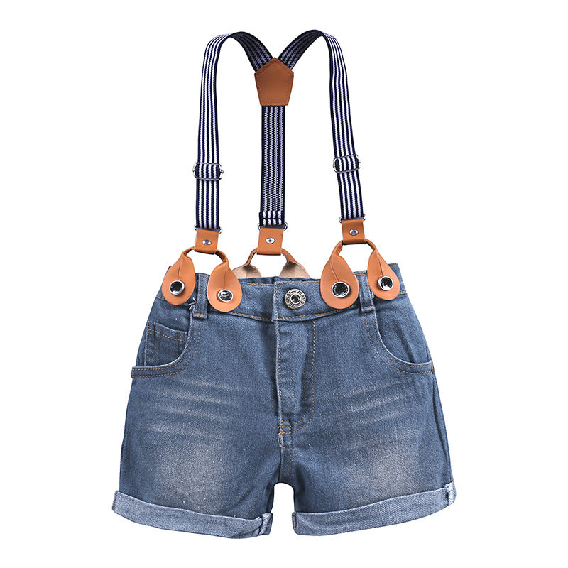 Handsome boy's blue stripe shirt and jeans trousers suit