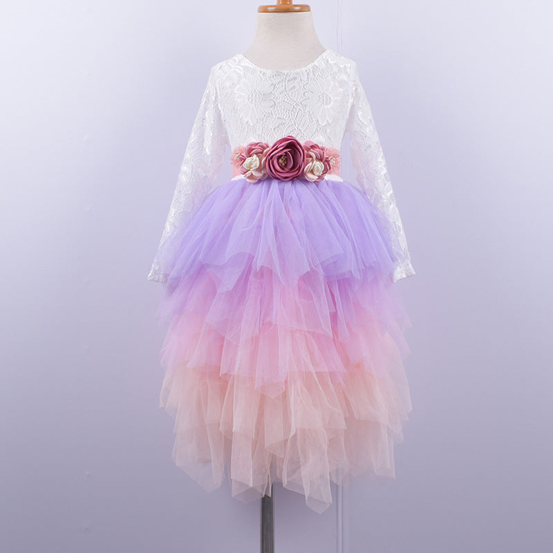 Girls Lace Backless Tutu Dress with Long Sleeves