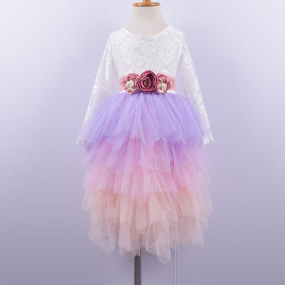 Girls Lace Backless Tutu Dress with Long Sleeves