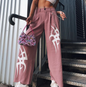 Smoke pink mopping asymmetrical printing slim wide-leg pants