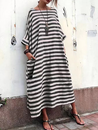 Cotton And Linen Stripes Loose Plus Size Long Dress