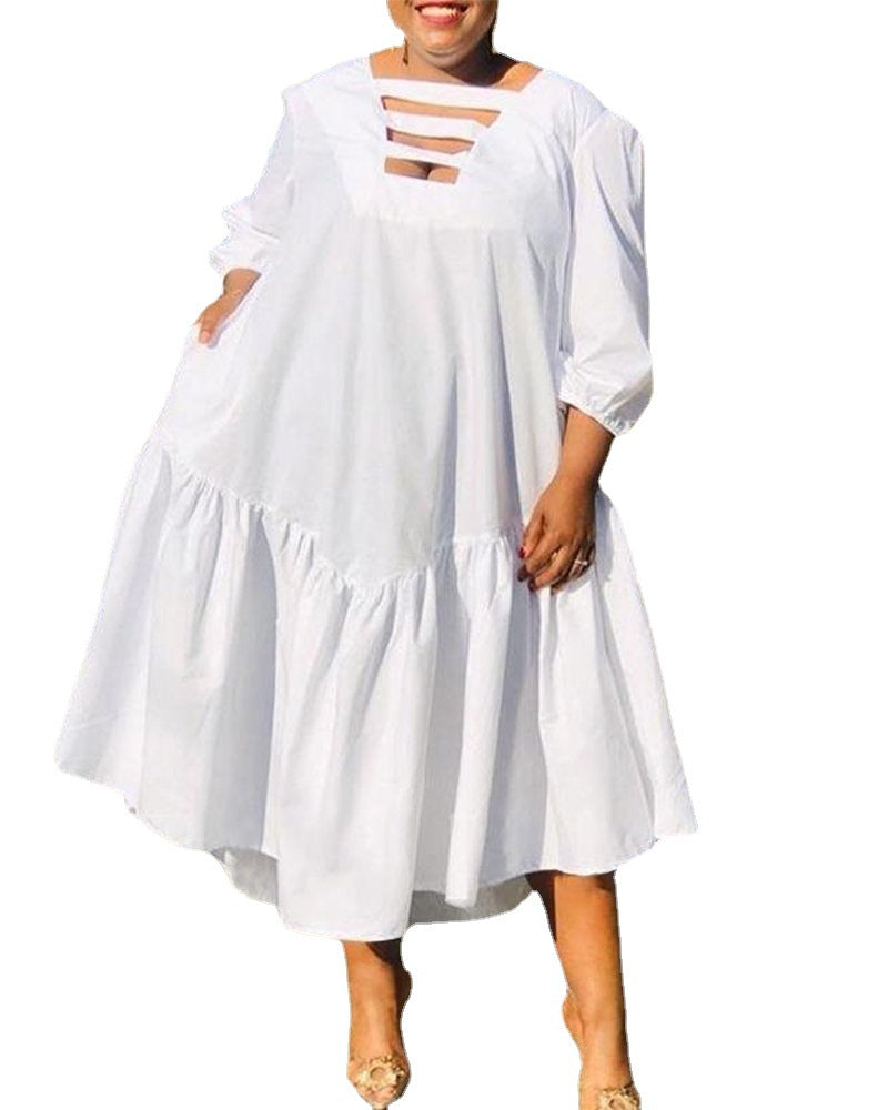 Round Neck White Large Swing Solid Color Plus Size Dress