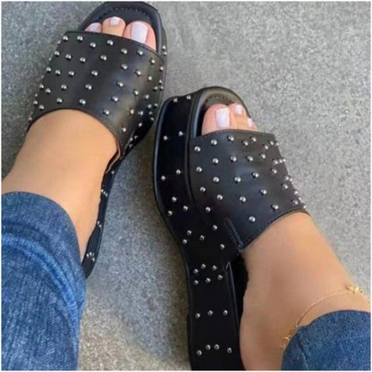 Women Rivet Slippers Summer High Heel Plats Shoes Peep-toe Beach Shoes - FLIPSTYLEZLLC