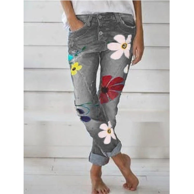 Printed denim trousers