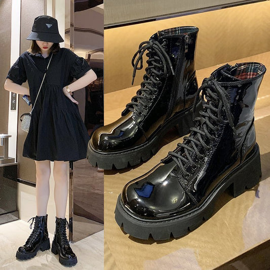 Women's British style thick heel round toe Martin boots