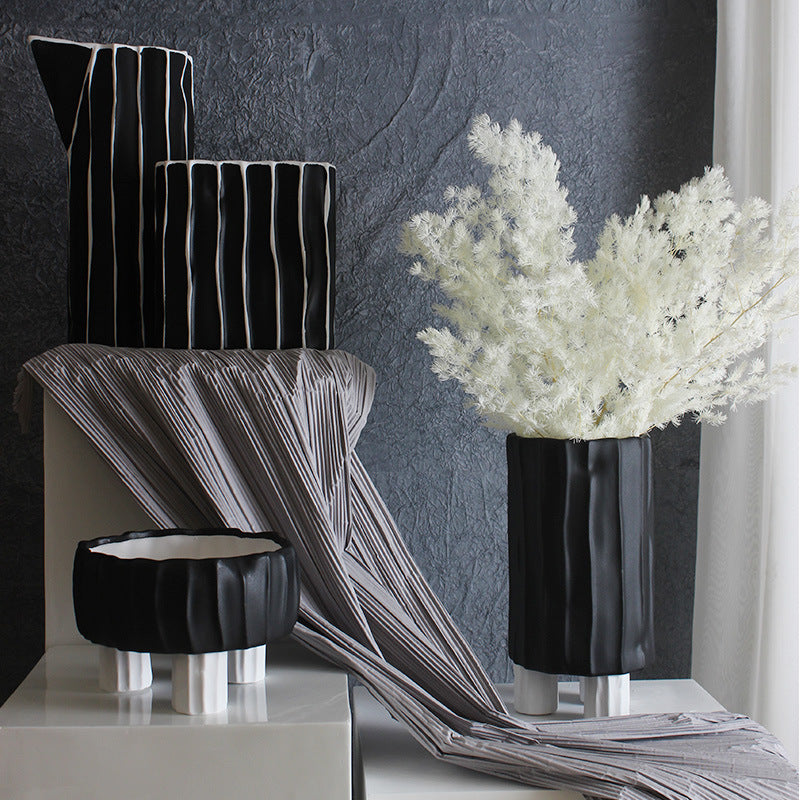Hand Painted Black And White Striped Ceramic Vase Living Room Desktop Bookcase