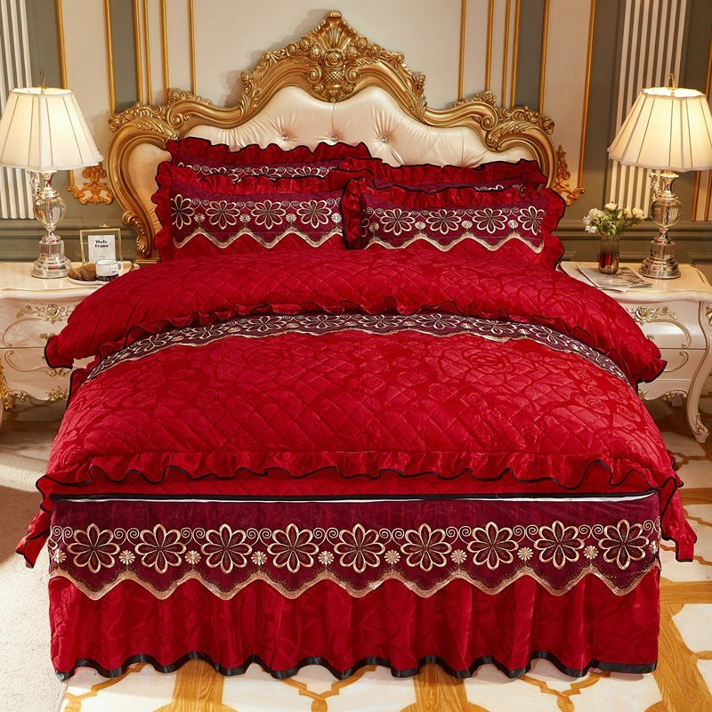 European Style Velvet Quilted Bed Skirt Four-Piece Suit