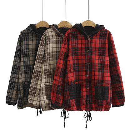 H5 plus size women's autumn and winter new fat sister mm plus velvet plaid double yarn hooded lining