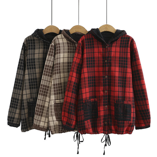 H5 plus size women's autumn and winter new fat sister mm plus velvet plaid double yarn hooded lining