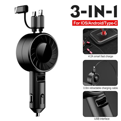 3-in-1 Fast Charging Car Charger for iOS, Android & Type-C - 4.2A Retractable Cable for Trucks and SUVs