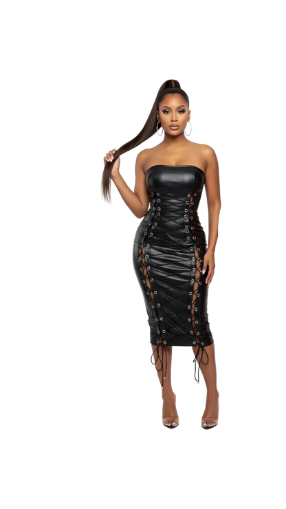 Midnight Faux-Leather Strapless Gown | Black High-Slit Maxi Sheath Dress