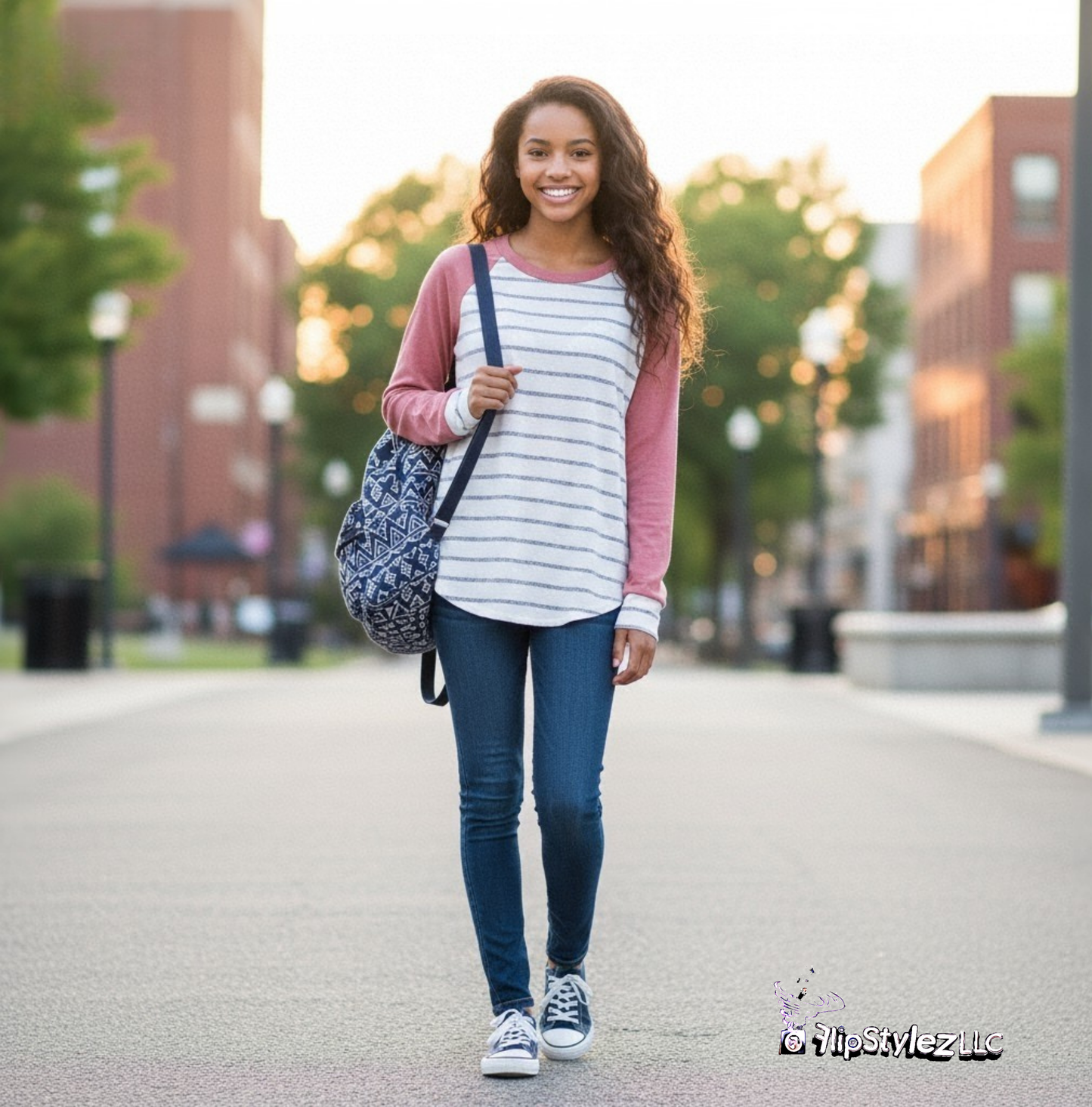 New pink sleeves blue stripes Fall or winter cotton sweater for high school or collage age girl