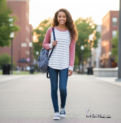 New pink sleeves blue stripes Fall or winter cotton sweater for high school or collage age girl
