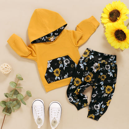 Girls' Solid Color Long Sleeve Hooded Top And Floral Trousers Two Piece Set