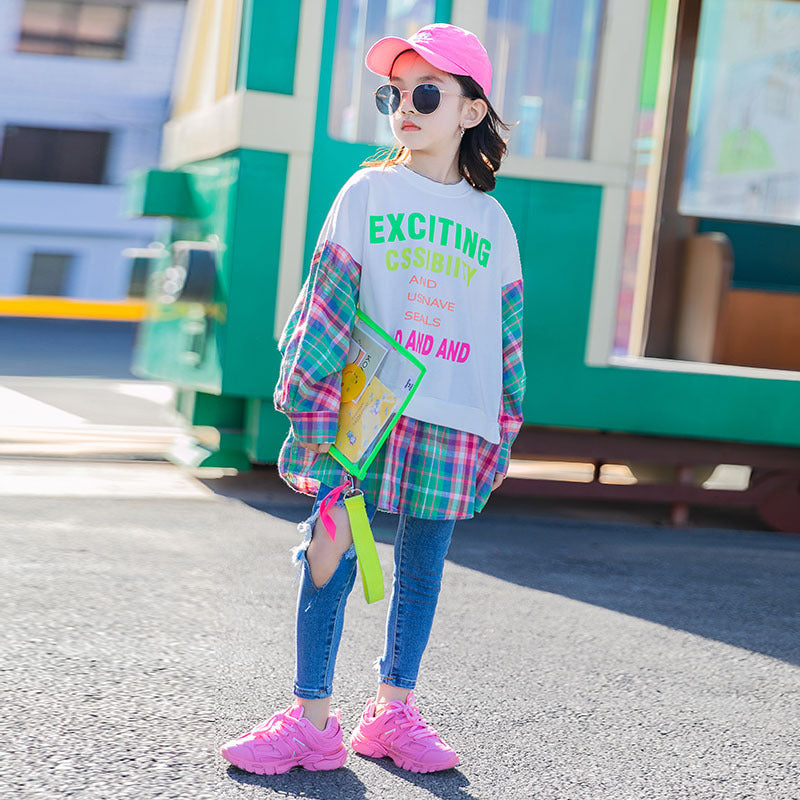 Two-piece Top American Style Plaid Stitching Sweater