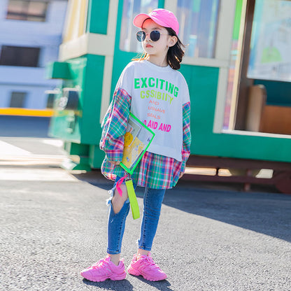 Two-piece Top American Style Plaid Stitching Sweater