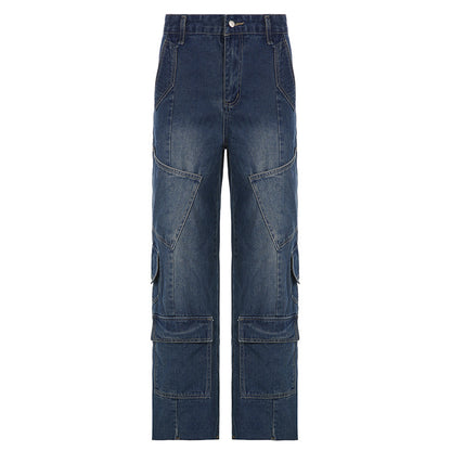 Women's Washed-out Vintage Dark Blue Denim Split Stitching Multi-pocket High Waist Straight All-matching Casual Pants