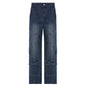 Women's Washed-out Vintage Dark Blue Denim Split Stitching Multi-pocket High Waist Straight All-matching Casual Pants
