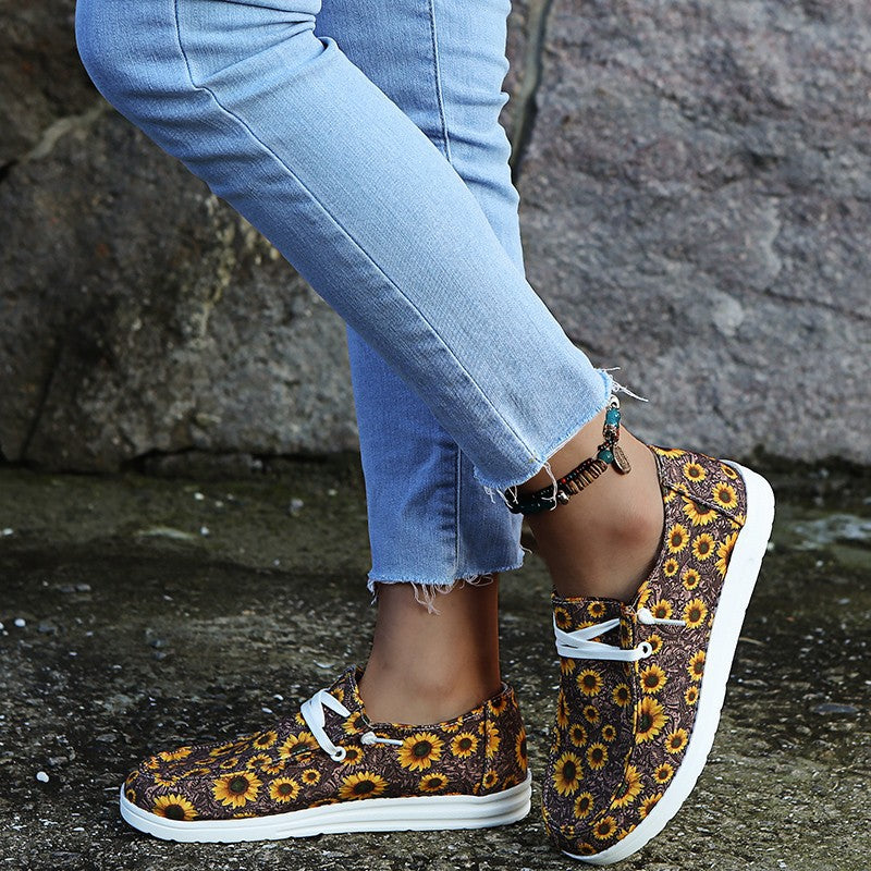 Loafers Women Sunflower Print Flats Casual Canvas Shoes Non-lace Lazy Shoes - FLIPSTYLEZLLC