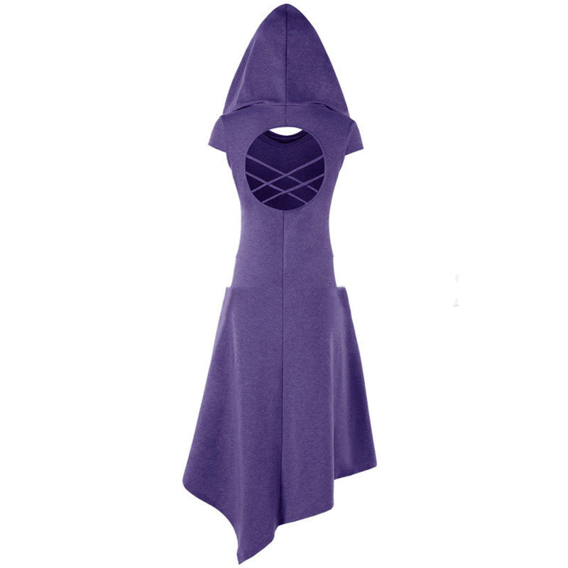 Back Hollow-out Underleg Asymmetric Hooded Midi Dress