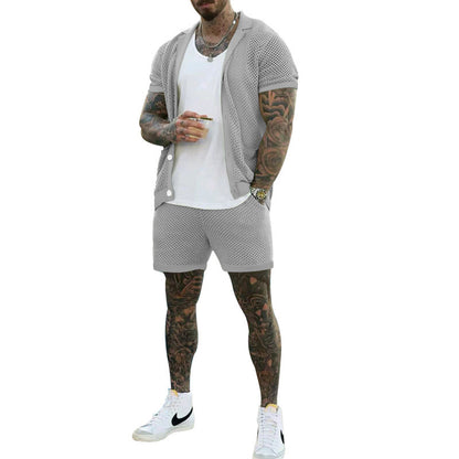 Men's Summer Cool Hole Cloth Lapel Short Sleeve Shorts Suit