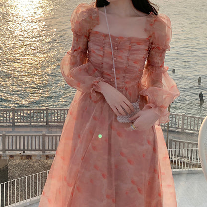 Ladies Puff Sleeve Square Neck Floral Dress