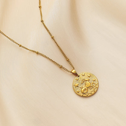 Stainless Steel Round Twelve Constellation Coin Relief Necklace