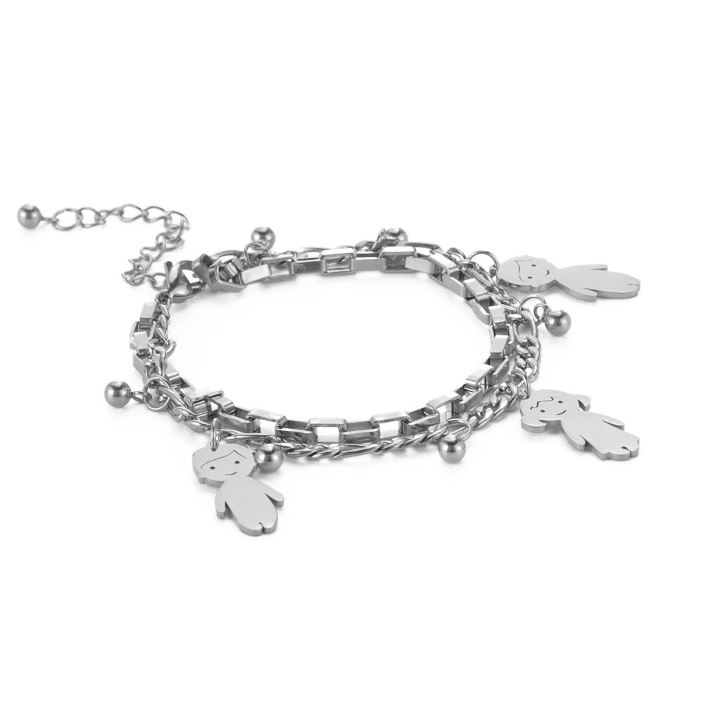 Cartoon Character Titanium Steel Ball Figaro Chain Double Layer Bracelet