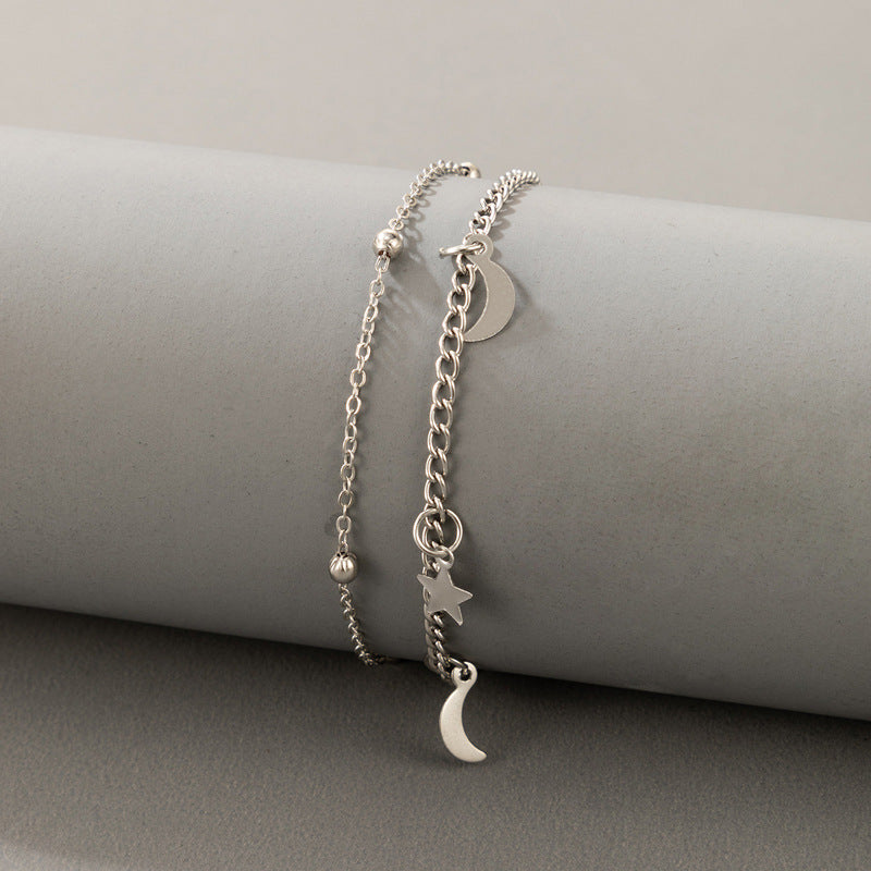 Frosty Wind Pentagram Moon Tassel Geometric 2 Layer Anklet