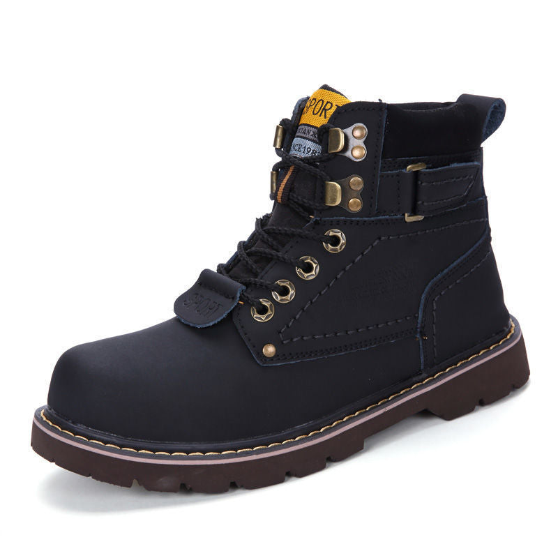 British Style Winter High-top Tooling Plus Velvet Korean Trendy Cowhide Rhubarb Boots