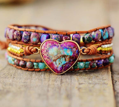 Purple Emperor Stone 3 Circles Cowhide Rope Beaded Bracelet