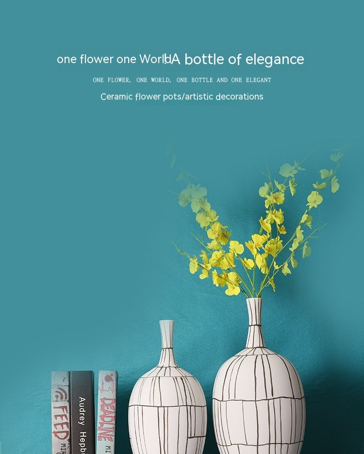 Modern Style Home Decoration Ceramic Frosted Small Mouth Striped Olive-shaped Vase